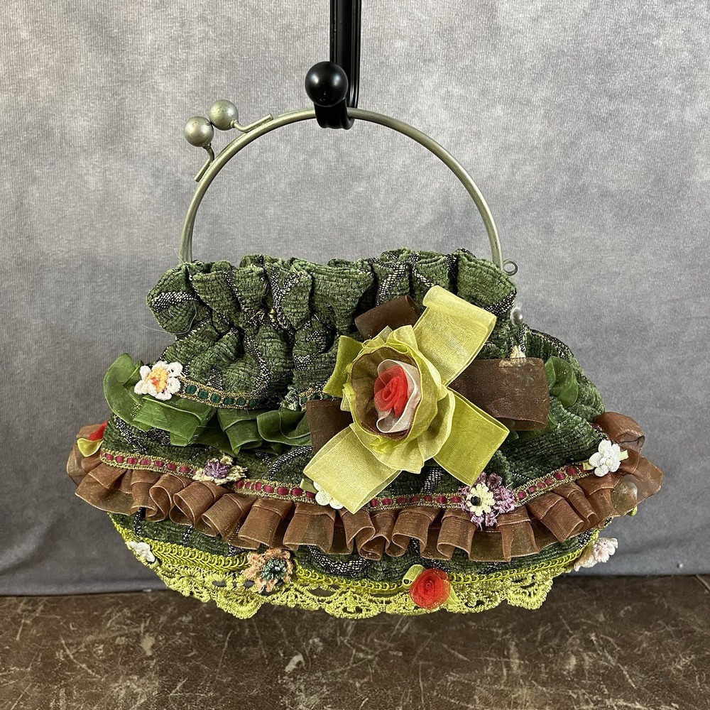 Handbag Women Small Green Chenille Ruffle Floral Kiss Lock Frame Bag *See Desc*
